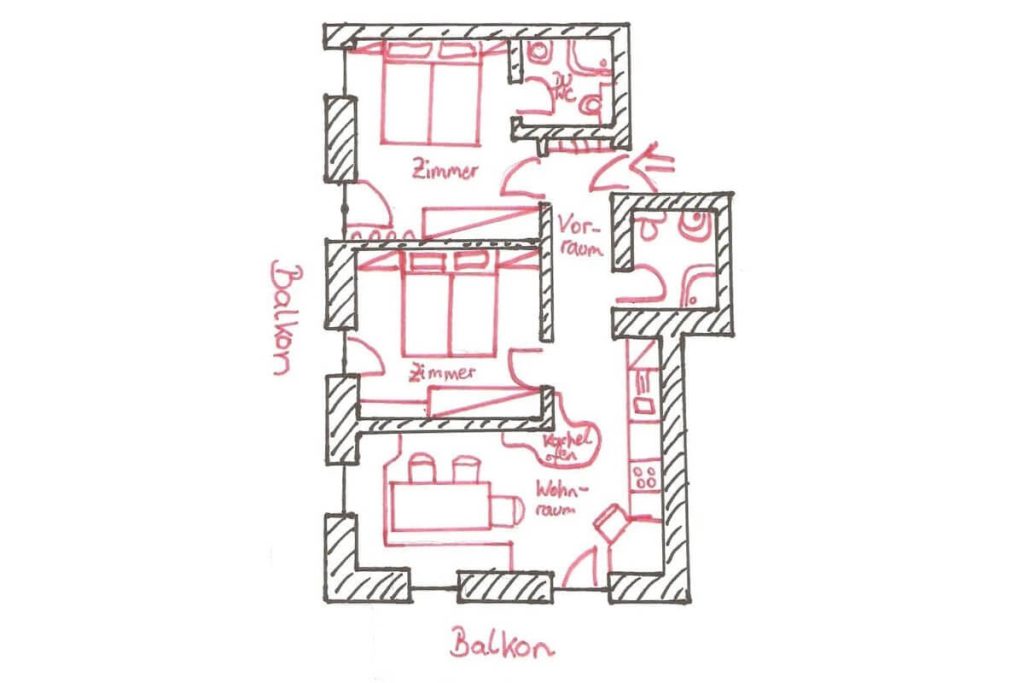 Grundriss des Apartments Sonntagskogel mit zwei Schlafzimmern und Wohnraum.